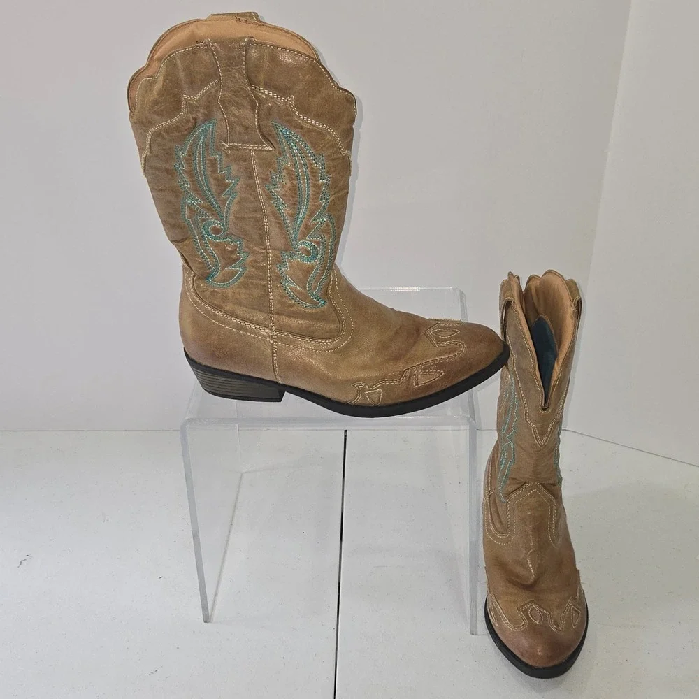 Flex West Liberty Kids Tan Western Cowgirl Boots Teal Embroidery Size 2M AB252